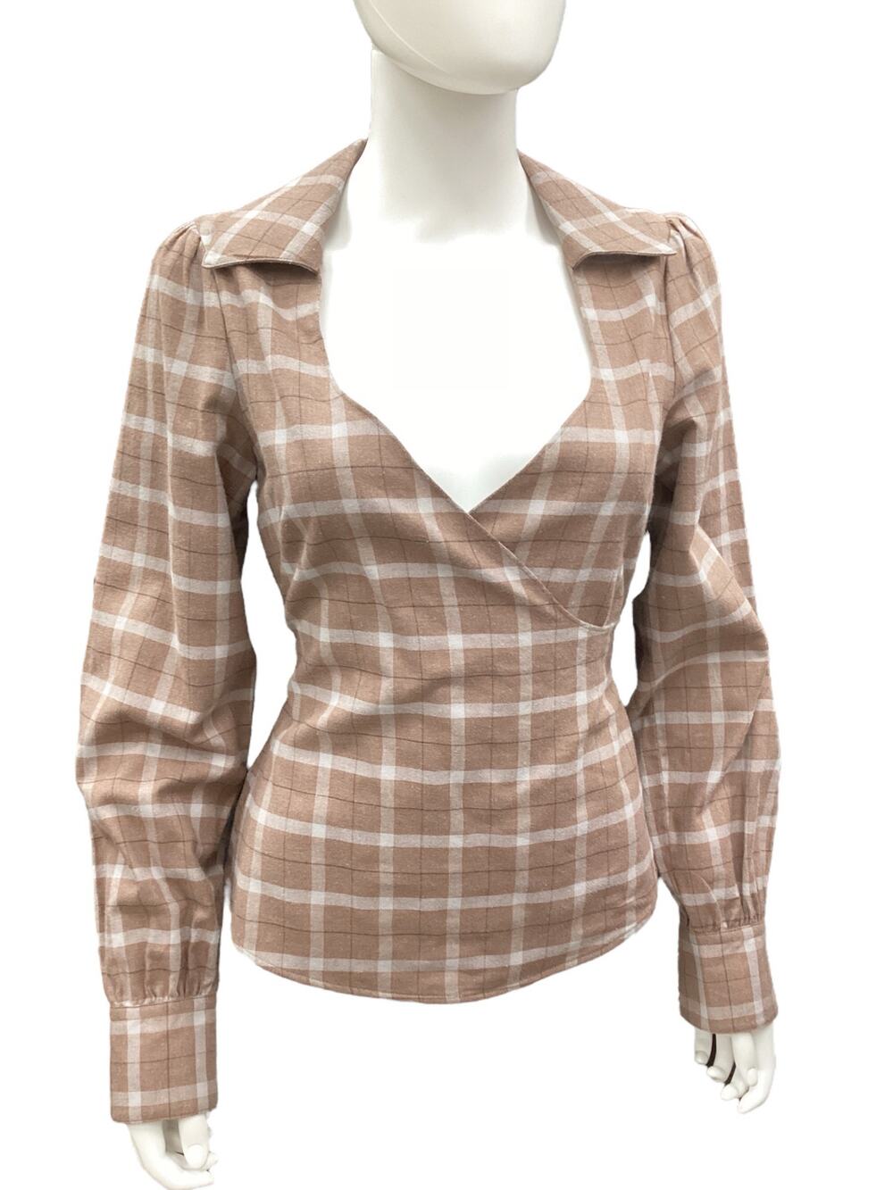 NWT Marissa Webb Women’s Top SZ XS Flannel V-Neck Collar Belt Plaid Brown Gray